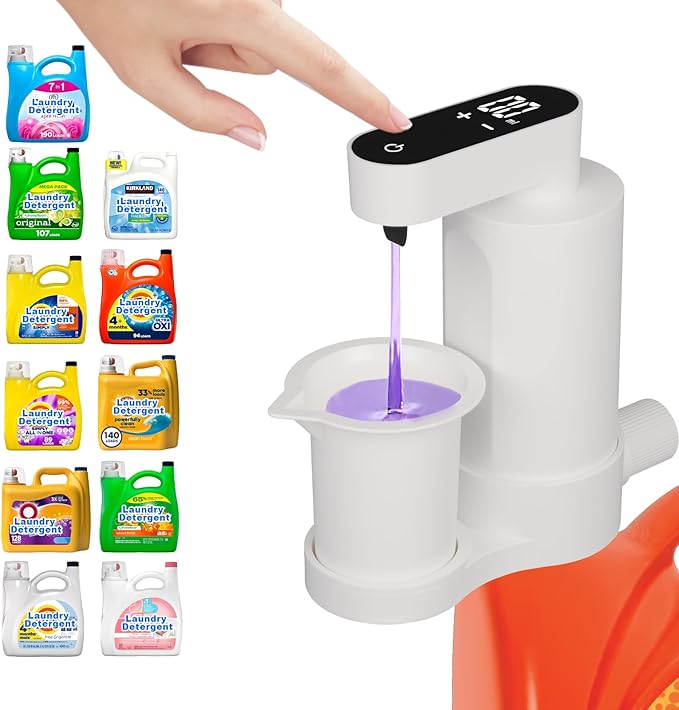 Electric Laundry Detergent Dispenser with Graduated Cup, Smart Laundry Detergent Pump, 2000mAh Rechargeable Fabric Softener Dispenser with Lock Function, for Laundry Room Organization (White)