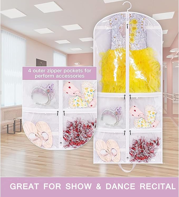 SLEEPING LAMB Clear Garment Bag for Dance Costume Kids 50 Inch Hanging Clothes Cover for Closet Storage With 4 Large Zipper Pockets for Ballet, Theatre, Competitions, 3 Packs, White