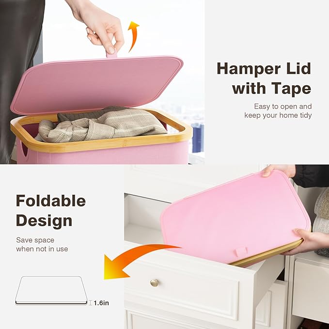 100L Laundry Hamper with Lid, Large Laundry Basket with Bamboo Handles, Clothes Hampers for Laundry with Removable Bag, Dirty Clothes Hampers for Bedroom Aesthetic, Pink