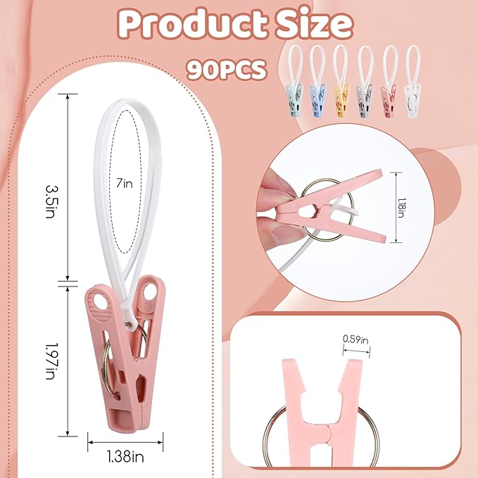 90 Pack Multi Purpose Laundry Hooks Hanging Clips, Clothes Pins with Plastic Rope Hangers with Clips for Baby Clothes Pants Socks Towels Wardrobe & Kitchen Organization