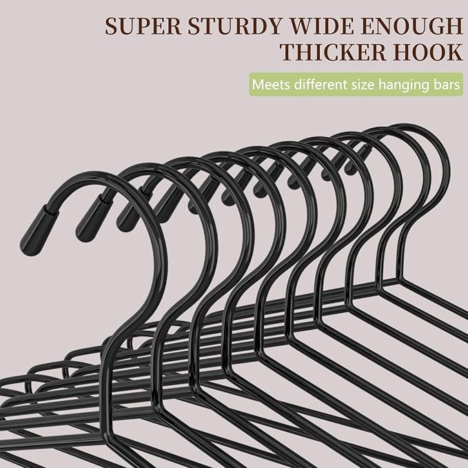 60Pack+10 Clips Luxurious Hanger Set ，16.69" Heavy Duty Matte Black Metal HangersWithstands 50lbs Weight Smooth Powder Coated Finish Compact Shirt Hangers