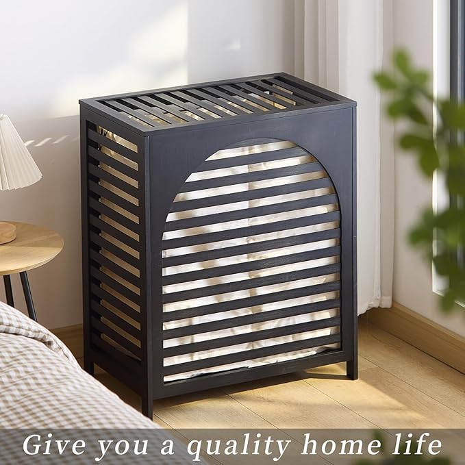 Laundry Hamper with Lid, Bamboo Clothes Laundry Basket with Handles, Removable 2-Section Liner bag, Hampers for Bedroom Aesthetic, Large Storage for Bath Towel, Sheets or Toys, Home (Black)