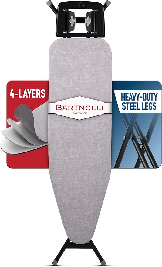 Bartnelli Extreme Stability Ironing Board 43x13 Upgraded Heavy-Duty Metal Frame & Iron Rest, Height Adjustable, Foldable, 4 Non-Skid Feet, 4-Layer Cover & Pad, Made with Patent European Engineering