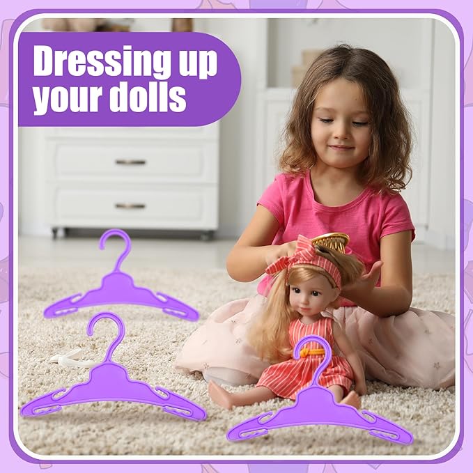 Soulchen 100 Pcs Doll Clothes Hangers for 18 Inch Dolls, Plastic Clothes Hangers with Non-Slip Clips, Space-Saving Wardrobe Accessories for Gown Dress Outfit (Purple)