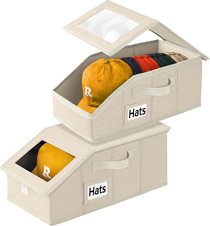 Dofilachy 2 Pack Stackable Hat Storage for Baseball Caps, Holds 28 Caps - Closet Organizer Box with Clear Window & Cardboard，Sturdy Snapback Hat Boxes for Home Storage (Beige, 2 Pcs)