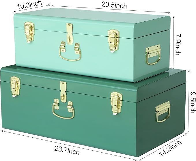 Vixdonos Decorative Large Metal Box Storage Trunk Chest Set of 2 College Dorm Organizer with Hardware Hasps and Handle for Home Deocr,23.7X14.2X9.5 Inches