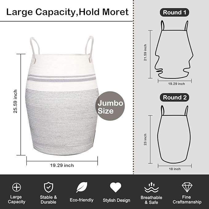 OIAHOMY Laundry Hamper Woven Cotton Rope Large Clothes Hamper 25.6" Height Tall Laundry Basket with Extended Cotton Handles for Storage Clothes Toys in Bedroom, Bathroom, Foldable (Light Grey)