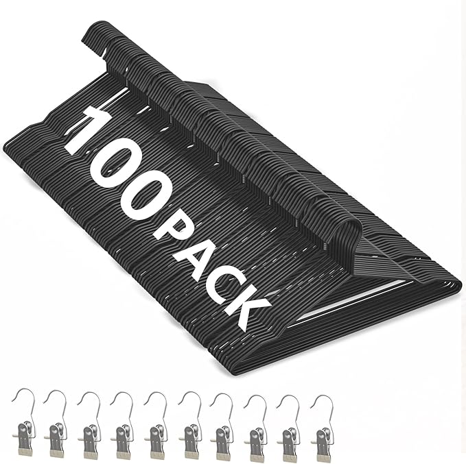 100Pack Metal Wire Hangers+10 Clothes Pins, 16.5" Wire Clothes Hangers for Standard Sized Shirt, Suits, Jackets, Skirts, Ultra Thin Space Saving, Bulk for Home and Commercial