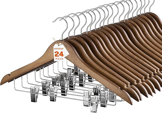 HOUSE DAY Wooden Hangers with Clips 24 Pack, Heavy Duty Walnut Wood Pants Hanger, Premium Skirt Hanger with Adjustable Clips, Solid Clip Hangers for Suit, Blouse, Dress, Coat, Jacket, Bottom