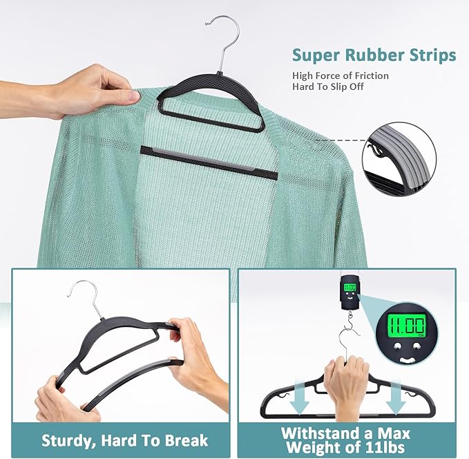 50 Pack Coat Hangers, Space-Saving, Non-Slip, Sturdy Heavy Duty Hangers for Suit, 0.2 Inches Slim Plastic Clothes Hangers, 360° Swivel Hook for Suit/Clothes, Black and Dark Gray