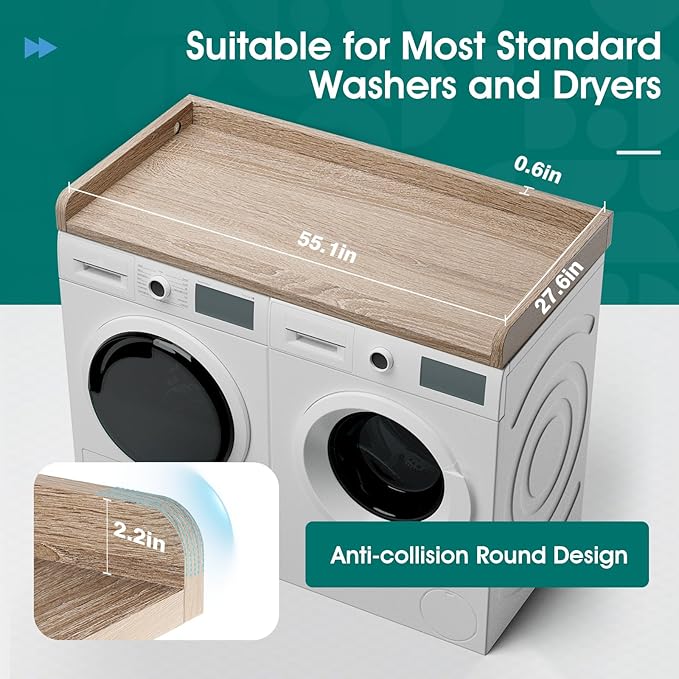 Washer Dryer Countertop, 27.5" Depth x 54" Width, Washer Dryer Wood Top for Laundry Room Organization, Melamine Countertop with Edge Rails