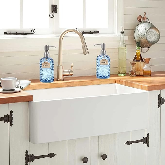 Funly mee Bathroom & Kitchen Glass Hand and Dish Soap Dispenser with 304 Rustproof Stainless Steel Pump(Blue-2Pack)