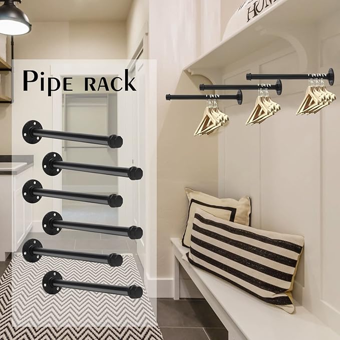 6 Pcs Industrial Pipe Clothes Bar 12 Inch Rustic Black Iron Pipe Clothing Rack Wall Mounted Garment Rack Holder Hanging Closet Rods for Bedroom Bathroom Boutique