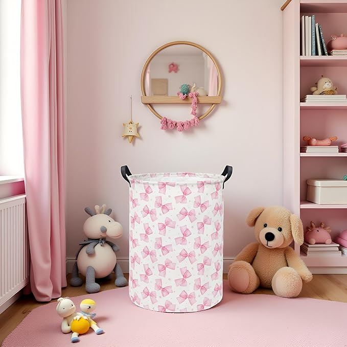 Baby Laundry Hamper kids laundry Basket Waterproof Storage Bin for Bedroom Toy Clothes Organizer Basket Woodland Animals Room Décor(Pink Bowknot)
