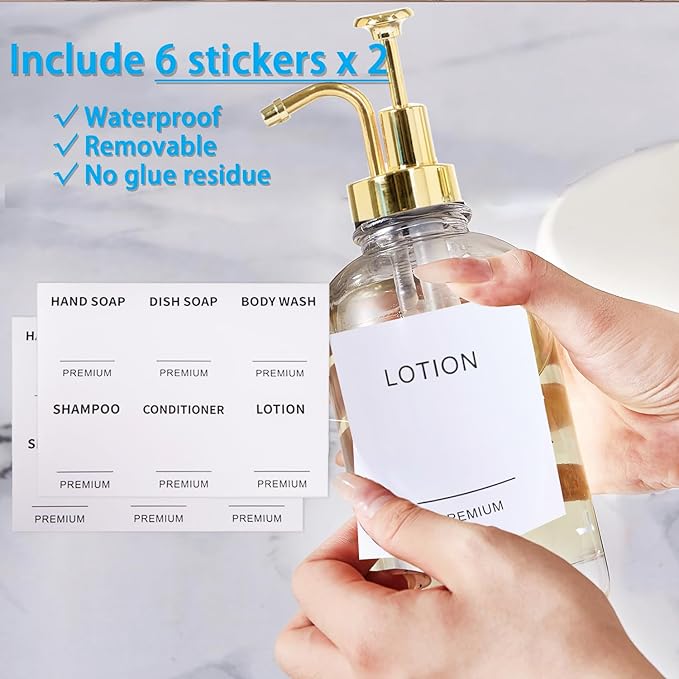Dish Soap Dispenser for Kitchen, Hand Glass Soap Dispenser Set with Pump, Tray, Funnel for Bathroom, Shower, Laundry, Liquid, Lotion (Gold 2 Pack 18 Oz Clear Bottles with 12 Stickers)