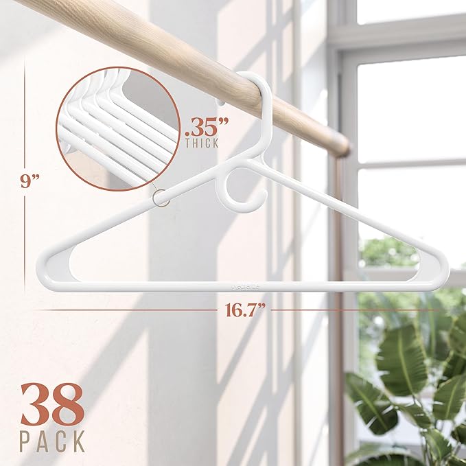 NEATERIZE Ultra Heavy Duty Plastic Clothes Hangers - White - Durable Coat, Suit and Clothes Hanger. Perchas De Ropa (38 Pack - White)