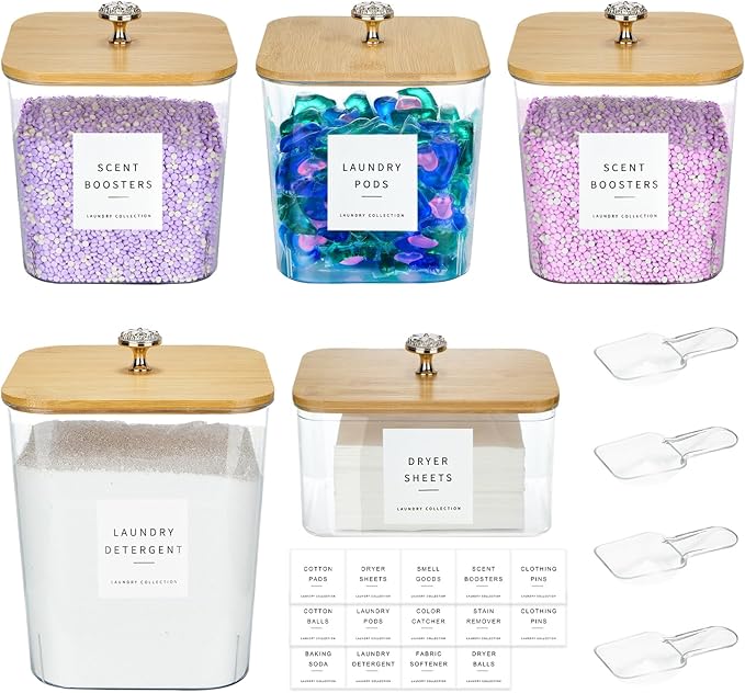 5 Pack Laundry Pod Containers and Dryer Sheet Holder for Laundry Room Organization Acrylic Jars with Lids and Labels for Laundry Detergent Laundry Pods Dry Sheet Organizing