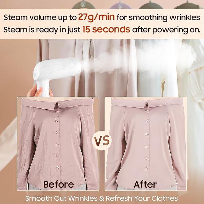 Handheld Portable Garment Steamer for Clothes - 1350W Clothes Steamer Remove Wrinkles for All Fabrics, 15S Fast Heat-Up, Make Clothes Soft & Smooth
