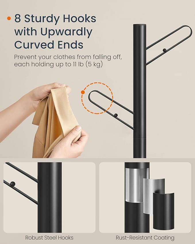 SONGMICS HOME Tree-Shaped Coat Rack, Freestanding Coat Tree, Coat Hanger Stand with 8 Sturdy Hooks, with Curved Edges, for Clothes, Hats, Bags, Ink Black URCR037B01