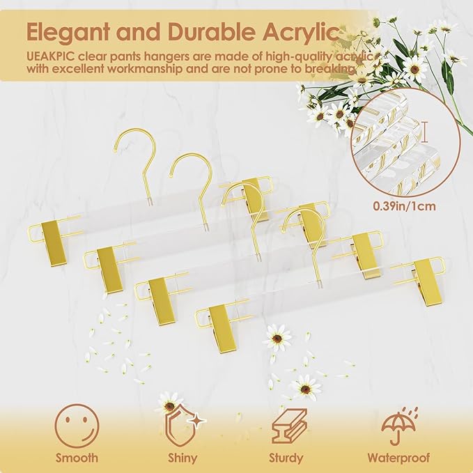 10 Pack Clear Acrylic Hangers with Adjustable Non-Slip Metal Clips, Gold Pants Hangers for Jeans, Trousers, Skirts, Coats, Heavy Duty, Space-Saving Closet Organizer, Adults & Kids