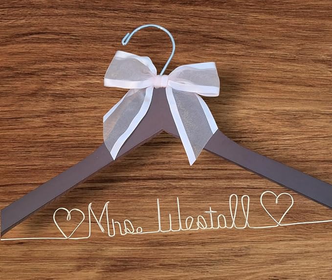 Bride Wedding Dress Hanger Gold Wire Writing, Personalized, Mrs., Choice of 10 Bow Colors - Bride Name - Quality White or Dark Wood Hanger with Notches - Bridal Gift with or Without Wedding Date