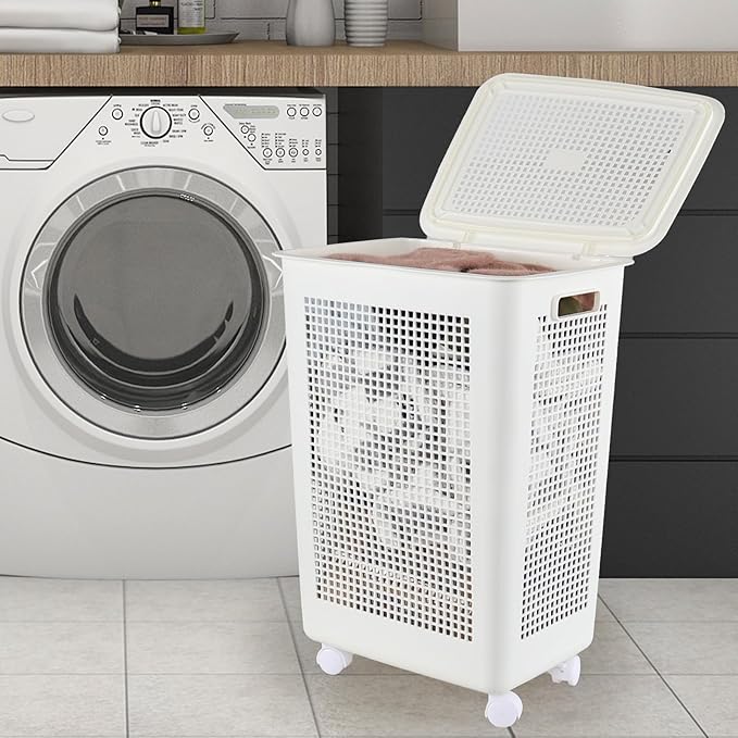 4-Pack 65 L Plastic Slim Laundry Hamper with Lid, Wheels and Pull Handles, Large Tall Laundry Basket, White
