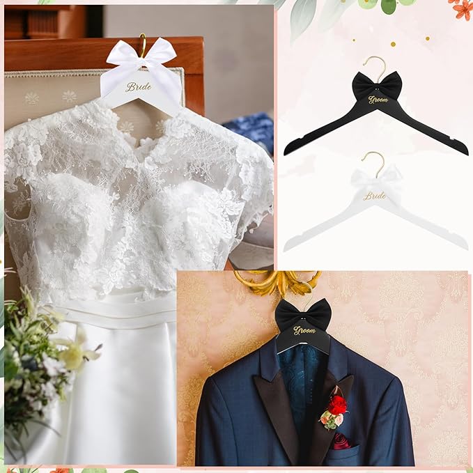 2 Pcs Bride Hanger and Groom Wedding Wooden Hanger with Letter and Bow Tie for Tuxedo Suit Bridesmaid Bridal Wedding Gift Bridal Party Shower (Classic)