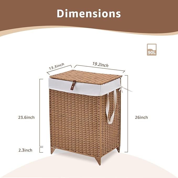Handwoven Laundry Hamper with Lid, Natural Hyacinth Heightened Feet Laundry Basket, Wicker Clothes Hamper with Removable Liner Bag (Wicker, 90L)