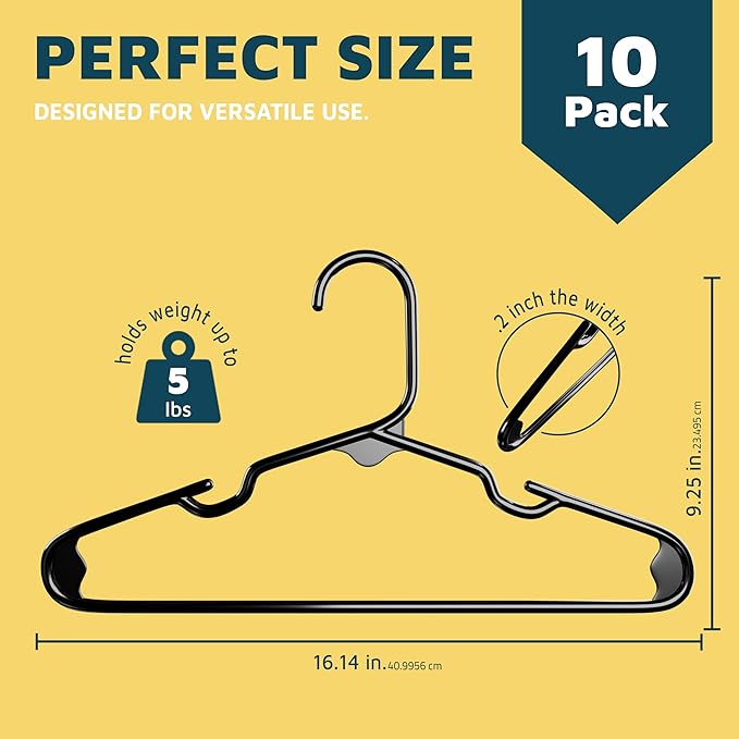Lifemaster Plastic Kids Clothes Hanger – Children Clothes Hanger with Shoulder Notch, 11.6 Inch Space-Saving Closet Organizer for Baby, Toddler, and Kids Clothing, Hold Up to 5 lbs, Pack of 10, Black