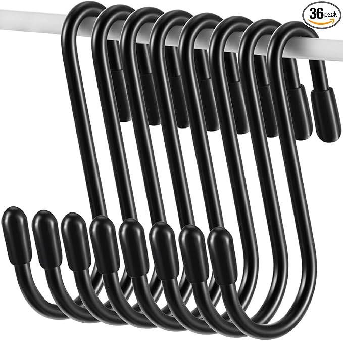Hotop 36 Pcs Black S Hooks for Hanging 2.4 Inch Heavy Duty S Shaped Hook Rack Metal Non Slip Hanger for Christmas Tree Stocking Kitchen Pot Utensils Closet Wire Bathroom Bedroom Pan Bag Towel Plant