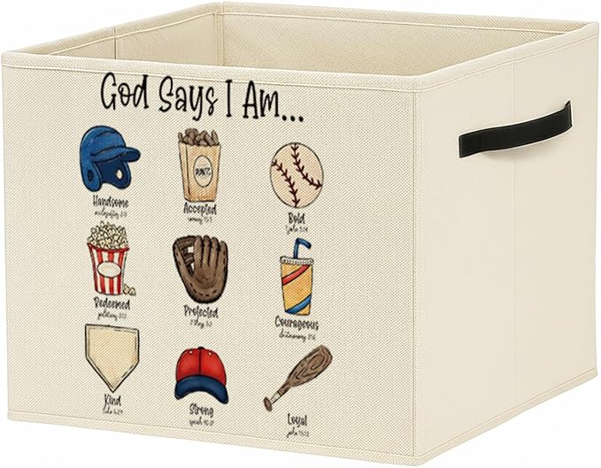 Christian Baseball Storage Bin Box with Handles, God Says I Am Bible Verse Baseball Foldable Baskets Organizer for Kids Room Nursery Bathroom Clothes Toys Books, Toybox for Boys