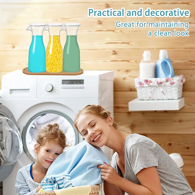 Liquid Laundry Detergent Dispenser with Tray, 20oz Laundry Soap Dispenser, Plastic Refillable Laundry Detergent Container Organizer for Laundry Room Organization with 16 Waterproof Labels, 3 Pack