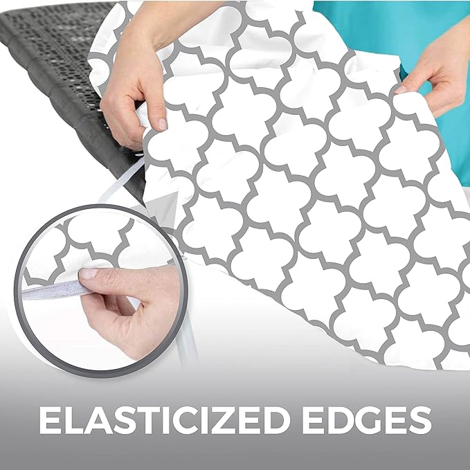 HOME GENIE Ironing Board Cover, Extra Thick Padding, Scorch Resistant Silicone Coating, 15x54 Elastic Edge Heavy Duty Iron Pad Covers Standard Boards, Hook and Loop Fastener Strap, Quatrefoil Gray