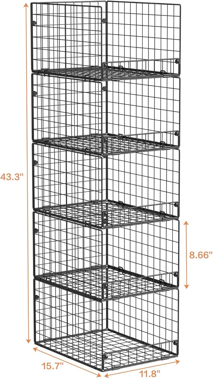 5-Tier Stackable Closet Storage Baskets, Closet Organizers and Storage Shelves, Foldable & Stackable Clothes Storage Bins for Closet Organizer System, Closet Shelf Organizer for Home,Black