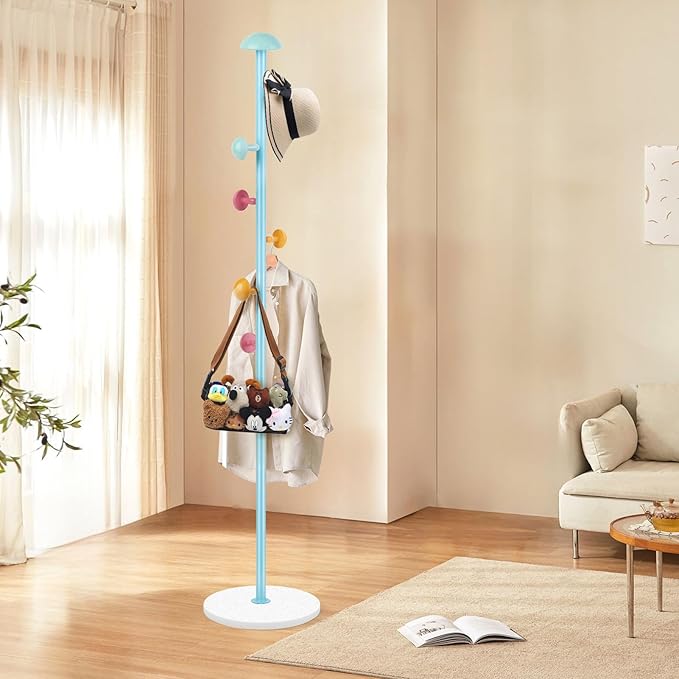 Mushroom Coat Rack, Metal Coat Tree Stand with 7 Hooks, Marble Base, 2 Adjustable Height Freestanding Coat Rack for Coats, Hats, Scarves and Handbags for Entryway, Hallway, Bedroom, Office, Blue