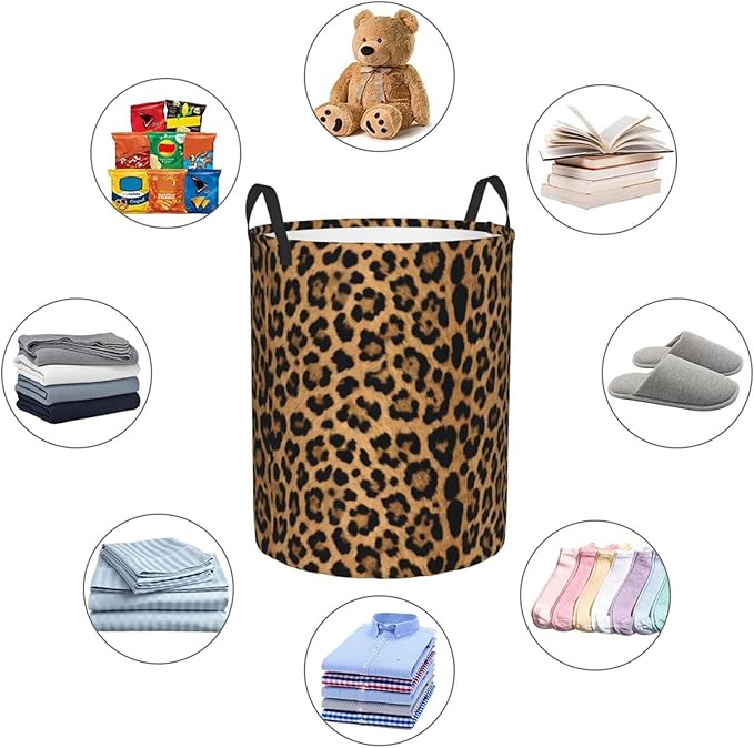 Leopard Cheetah Round Laundry Hamper Wildlife Fur Print Storage Basket Toys Clothes Organizer Bin For Home Bathroom Bedroom Dorm Nursery, 38l