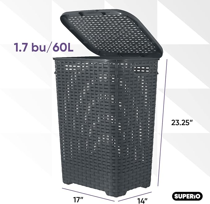 Plastic Laundry Hamper with Lid Laundry Hamper Basket, Grey Tall Cloths Hamper Organizer with Cut-out Handles. Space Saving for Laundry Room Bedroom Bathroom, Wicker Design 60 Liter