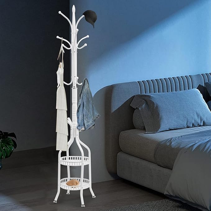 Metal Coat Rack Stand Freestanding Hat Hall Tree Clothes Rack Holder Modern Clothing Garment Hanger Stand with Double Layer Storage Basket and Hooks for Hanging Scarf Bag for Entryway Bedroom (White)