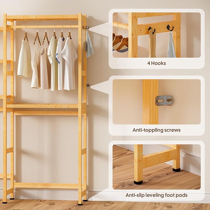 Over The Washer and Dryer Storage Shelf Bamboo,5 Tiers Laundry Room Drying Rack with Adjustable Shelves and 4 Hooks,Space Saver Organizer for Hanging Clothes and Towels (Natural)