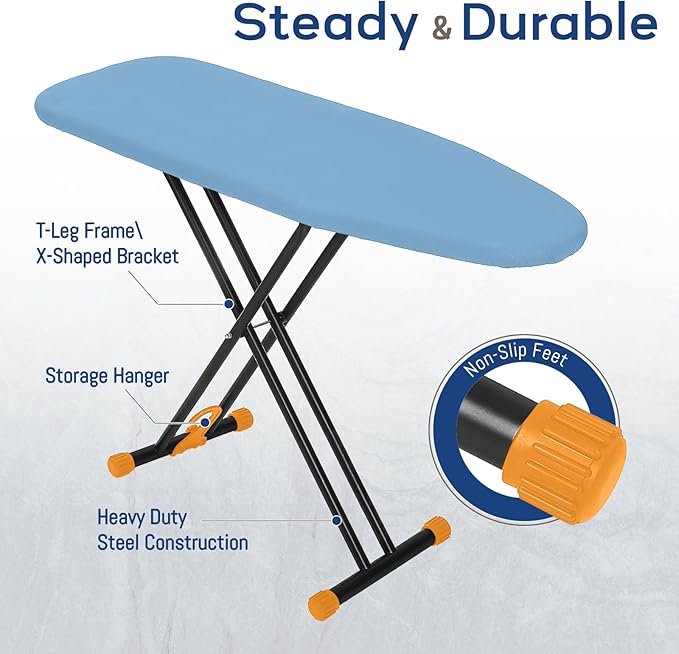 Compact Ironing Board Full Size 43x13 with Extra Thick Padded Cover, Height Adjustable Iron Board with Hanger, Easy to Fold Space Saver Design for Dorm Apartment Small Laundry Rooms, Blue
