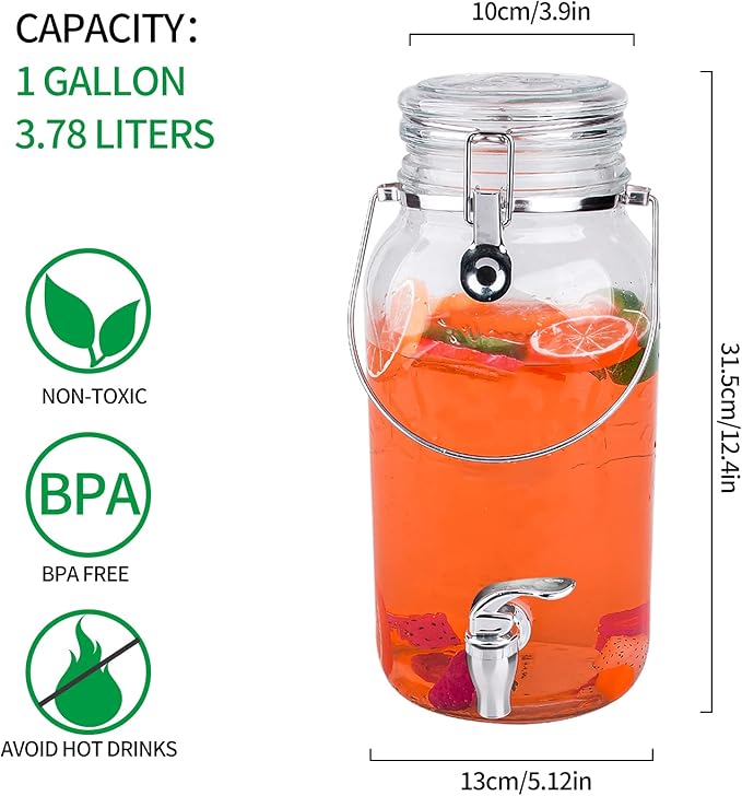 Eleganttime 1 Gallon Glass Drink Dispensers for Parties,2 Pack Beverage Dispenser With Spigot,Laundry Detergent Dispenser Punch Bowls Juice Water Dispenser for Parties