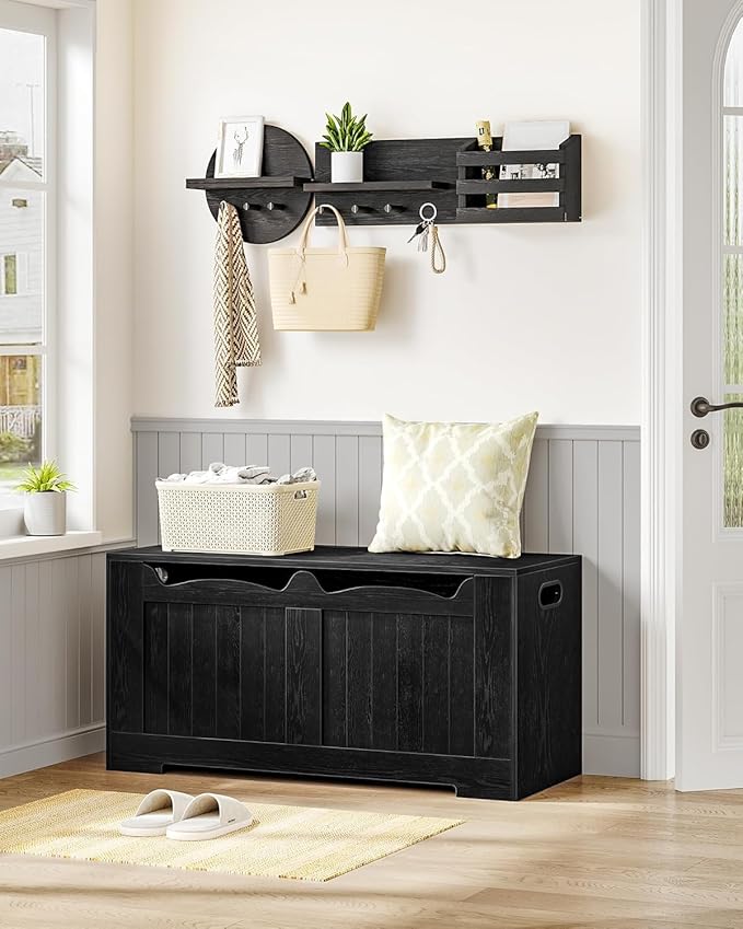 43.3" Storage Chest, Extra Large Storage Bench Trunk with 2 Hinges, Wooden Box, Lift-Top Chest Organizer, Shoe Bench for Entryway, Bedroom, Living Room, Black SB25504X