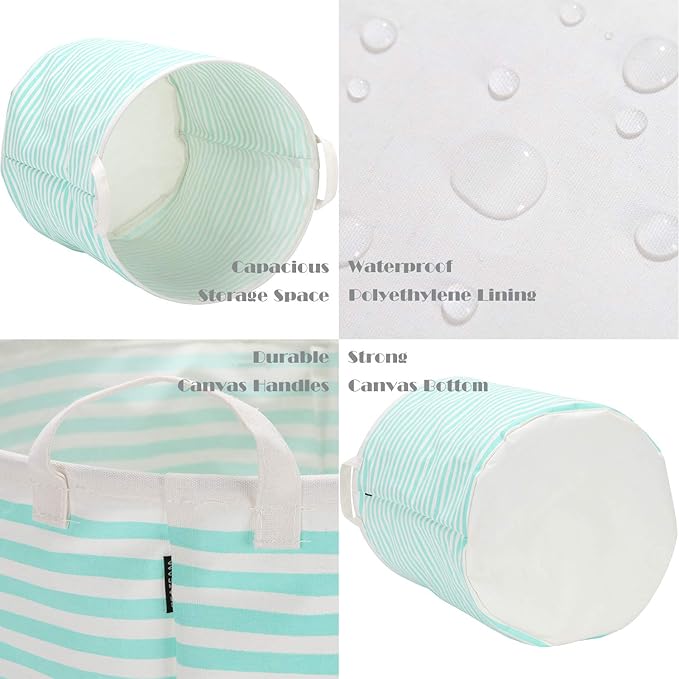 Sea Team 19.7 Inches Large Sized Waterproof Coating Ramie Cotton Fabric Folding Laundry Hamper Bucket Cylindric Burlap Canvas Storage Basket (19.7", Stripe/Mint)