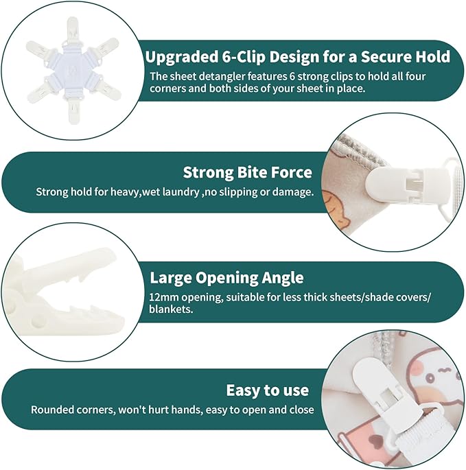 Bed Sheet Detangler with 6-Clip, WAD Preventer Stop Bed Sheets/Duvet Covers/Blankets from Tangling, Twisting & Balling up in Dryer Washer and Dryer, 4 pcs(White)