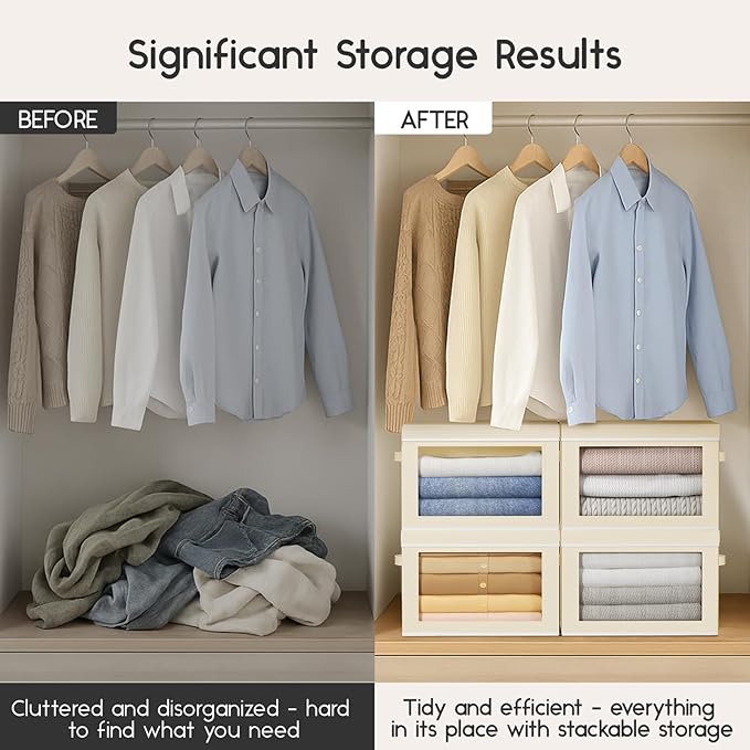 Collapsible Storage Bins with Lids - Stackable Storage Containers with Window, 3 Pack Fabric Organizing Bins for Closet, Home & Office Organization Baskets, Beige, 14.9" x 9.8" x 9.8"