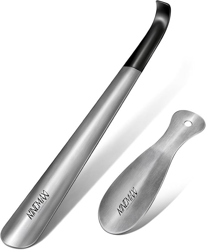 NINEMAX Shoe Horn Long Handle for Seniors Men Women, Metal Long Shoehorn Boot Horn 16.5'', Travel Small Stainless Steel Shoe Spoon Helper for Kids 7.5''