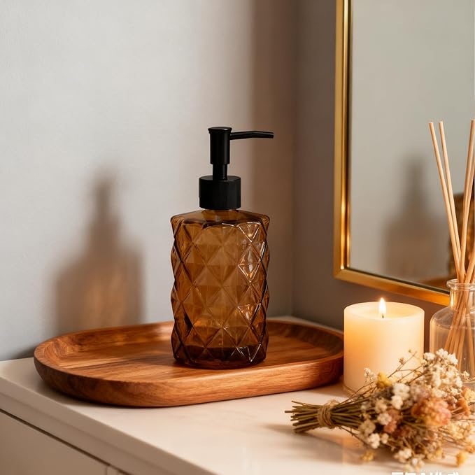 Brown Soap Dispenser, 12oz Black Pump Green Glass Soap Dispenser, Refillable Hand Liquid Dispenser Set, Lotion Dish Dispenser for Modern Home Decor, Bathroom, Kitchen Countertop(2 Pack)