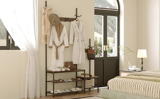 CharaVector Hall Tree Coat Rack Shoe Bench, Industrial Design, 3-in-1, Rustic Brown