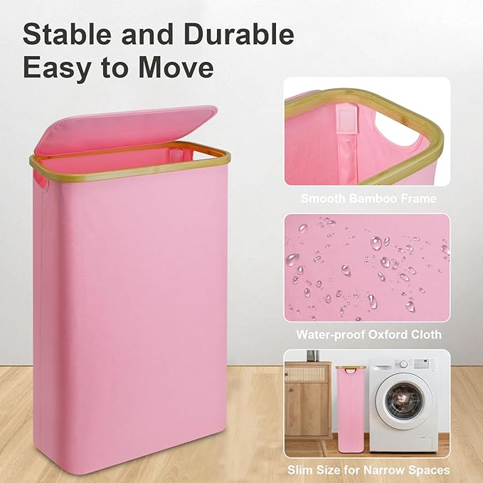 Pink Hamper Pink Laundry Basket - 60L Slim Laundry Hamper with Lid, Cute Hamper Girls Laundry Basket for Bedroom, Slim Girls Laundry Hamper with Bamboo Handle, Ideal for Valentine's Day Gift