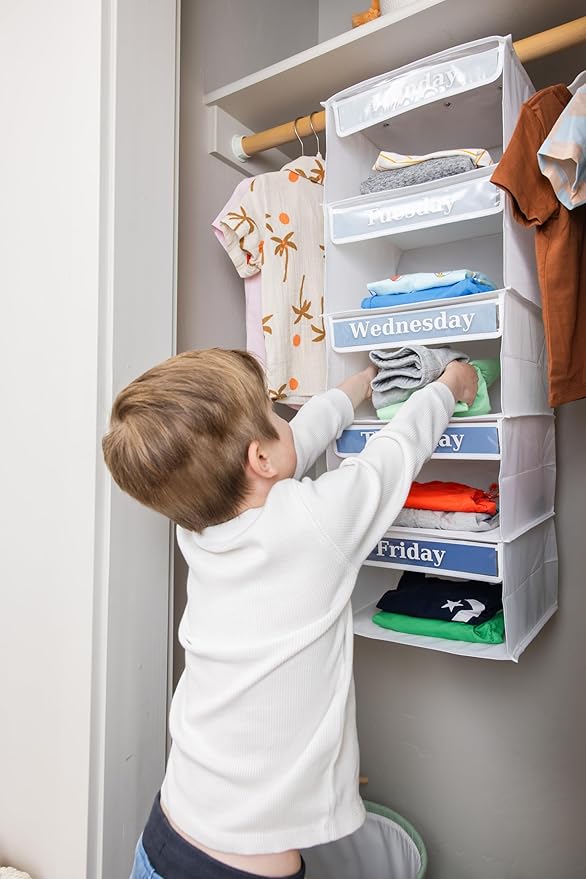 Weekly Clothes Organizer for Kids – 5 Shelf Hanging Closet Storage for School Outfits | Monday to Friday Daily Clothing Divider with Color Labels, 33" Durable Polyester